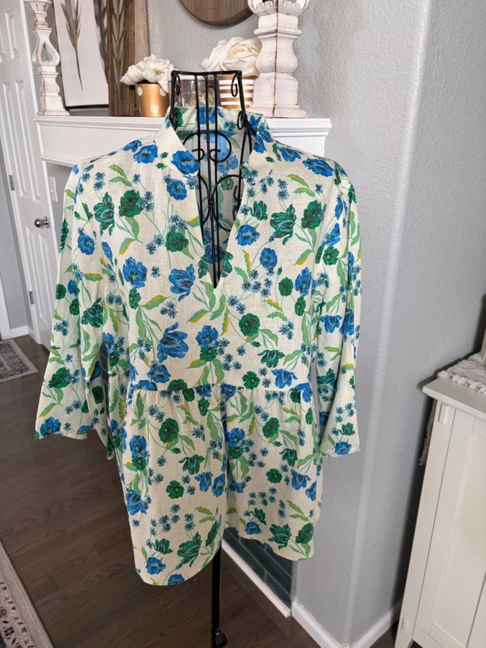 Draper James Linen Blue & Green Floral Split-Neck Peplum Blouse